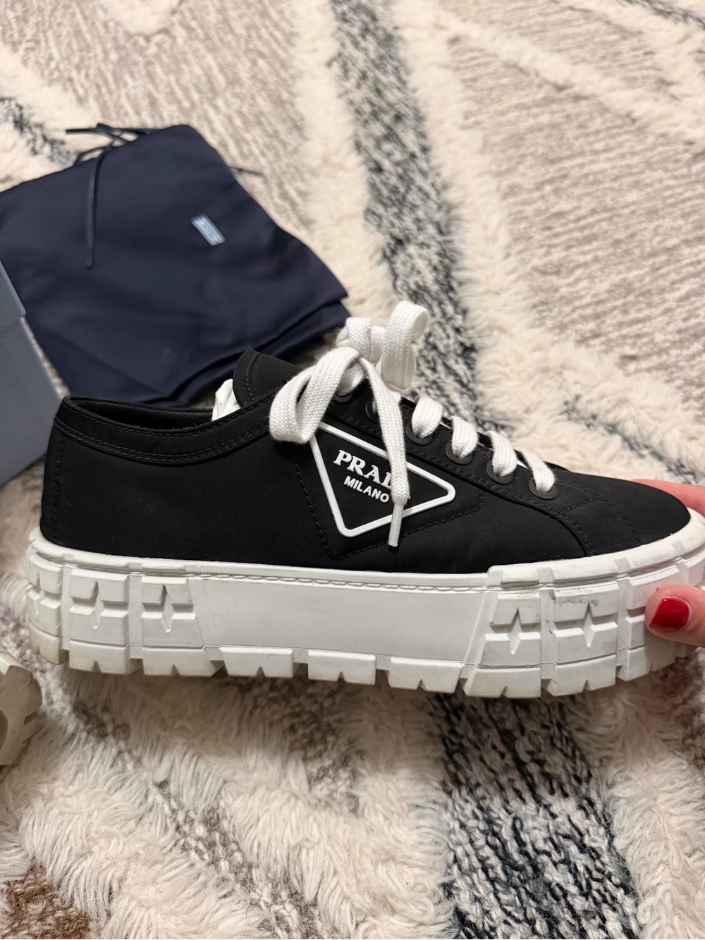 Prada Double Wheel Re-nylon Gabardine Women Sneakers - Black/white - Picture 12 of 16
